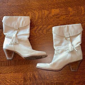 Vintage Dingo White Leather Western Heeled Fringe Boots Size 8